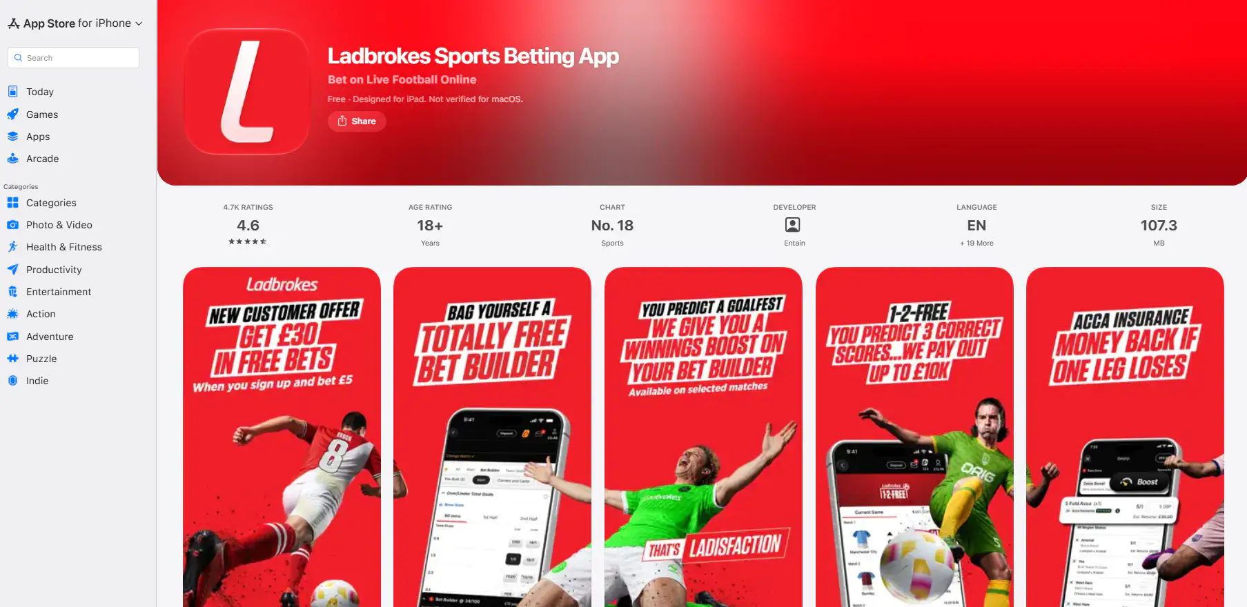 App-Store-Seite der Ladbrokes Sports Betting App