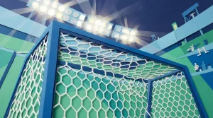 Fußballtor mit straffem Netz aus niedriger Perspektive
