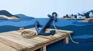 Anker auf einem Holzsteg am ruhigen Wasser