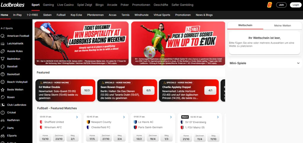 Sportwettenbereich mit Sportartenliste und Wettmärkten bei Ladbrokes