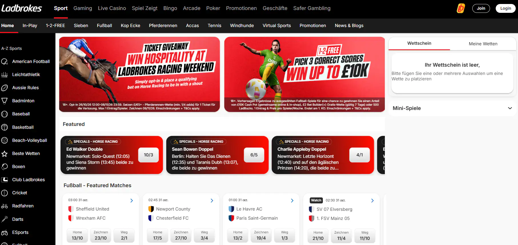 Sportwettenbereich mit Sportartenliste und Wettmärkten bei Ladbrokes